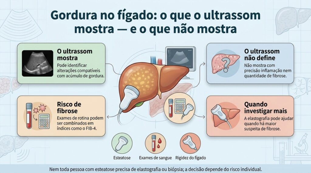 O ultrassom identifica gordura no fígado, mas a avaliação da gravidade depende do conjunto de exames e do risco individual.