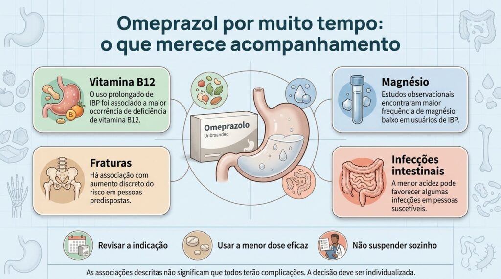 No uso prolongado, o omeprazol pode ser mantido quando há indicação, mas o tratamento deve ser reavaliado periodicamente.