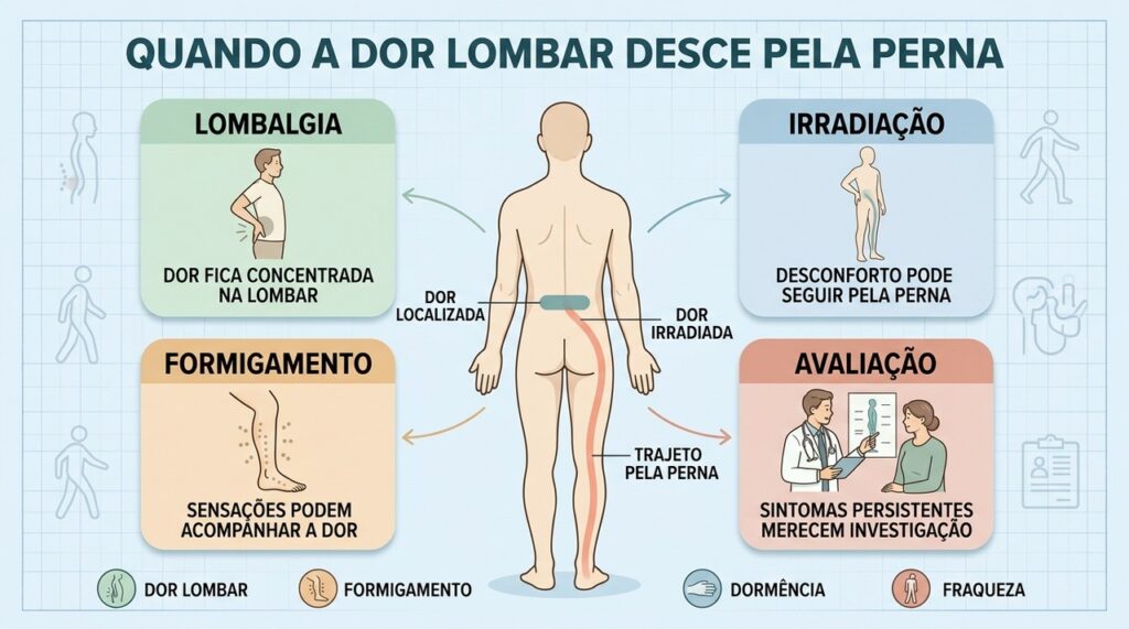 Dor localizada, irradiação, formigamento e avaliação ajudam a diferenciar lombalgia de lombociatalgia.