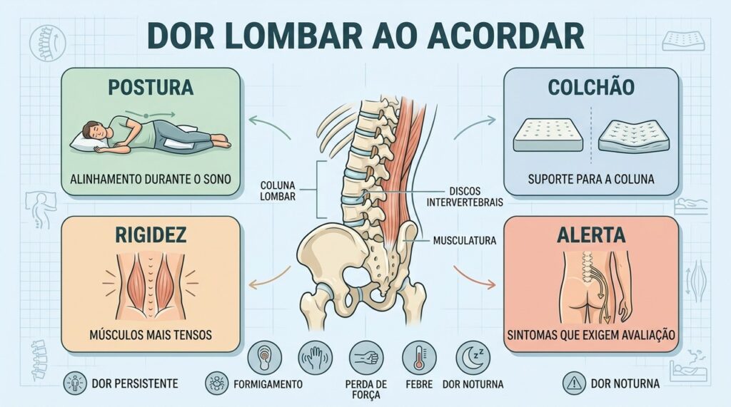 Postura, colchão, rigidez e sinais de alerta ajudam a entender a dor lombar.