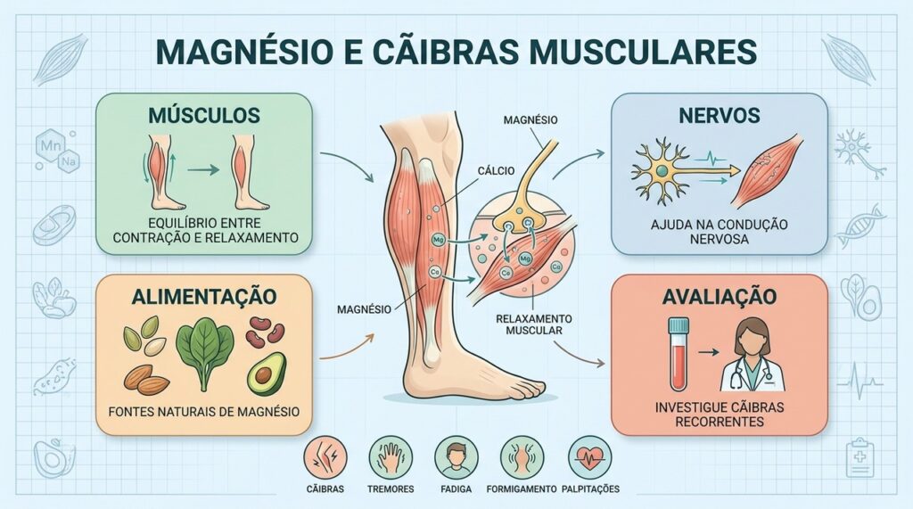 Músculos, nervos, alimentação e avaliação ajudam a entender cãibras associadas ao magnésio.