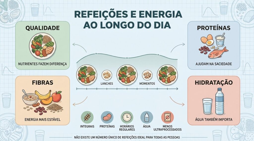 Qualidade, proteínas, fibras e hidratação ajudam a sustentar energia ao longo do dia.