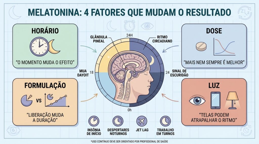 Horário, dose, formulação e luz noturna influenciam a resposta à melatonina.