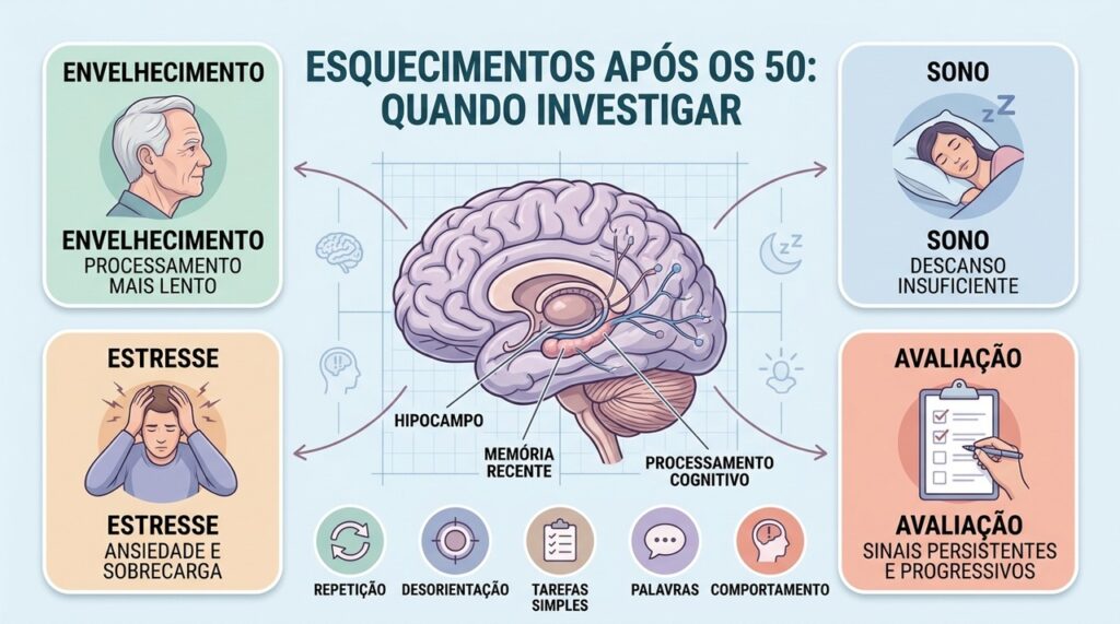Envelhecimento, sono e estresse podem afetar a memória; sinais progressivos merecem avaliação especializada.