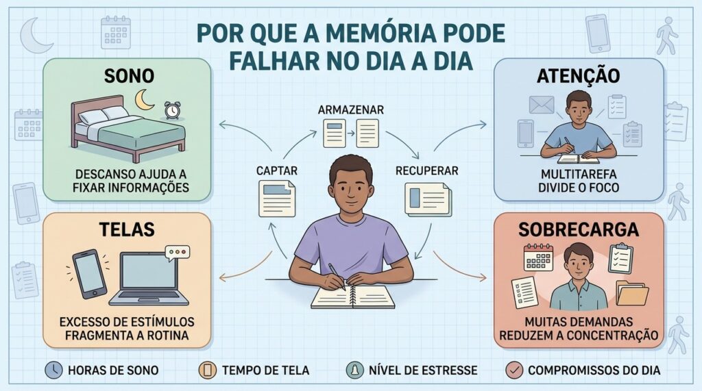 Sono, atenção, telas e sobrecarga influenciam diretamente o registro das informações.