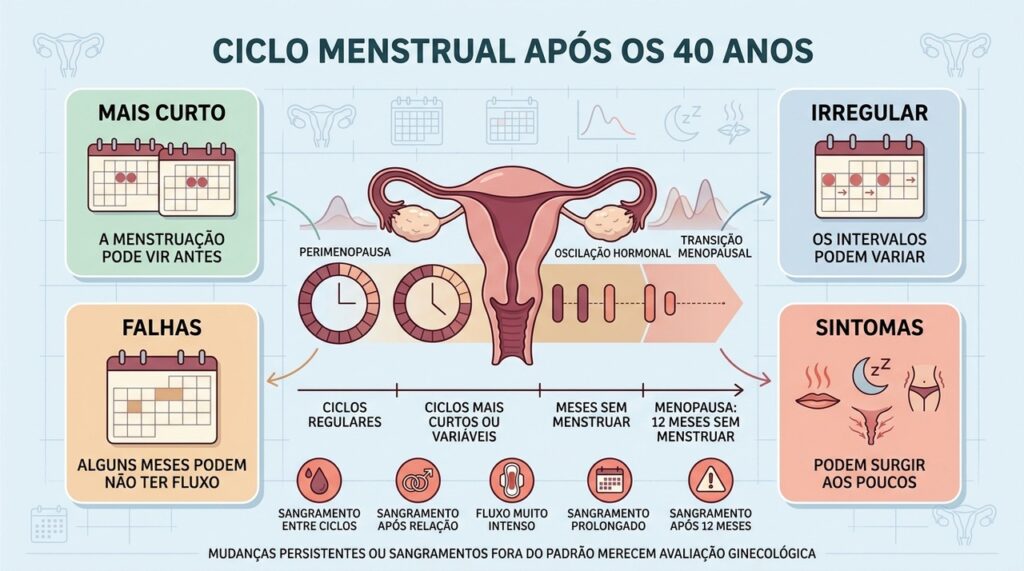 Ciclos curtos, irregularidade e falhas podem surgir durante a transição menopausal.