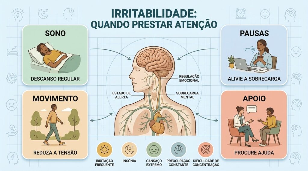 Sono, pausas, movimento e apoio profissional ajudam a lidar com irritabilidade persistente.