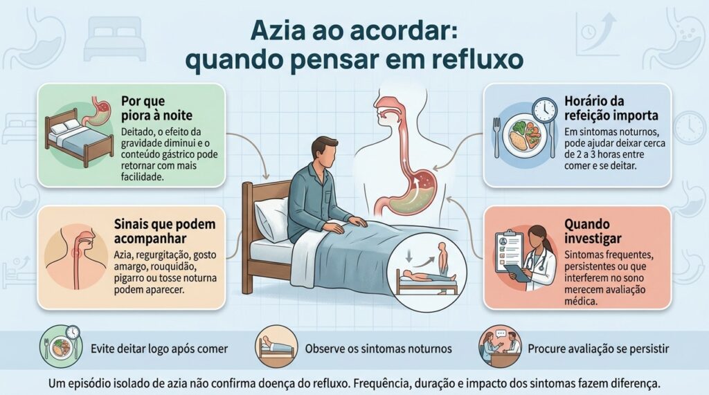 Refluxo noturno recorrente pode causar azia, regurgitação e gosto amargo ao despertar e merece acompanhamento quando persiste.