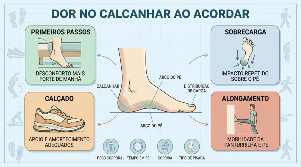 Primeiros passos, sobrecarga, calçados e alongamento ajudam a entender a dor matinal no calcanhar.