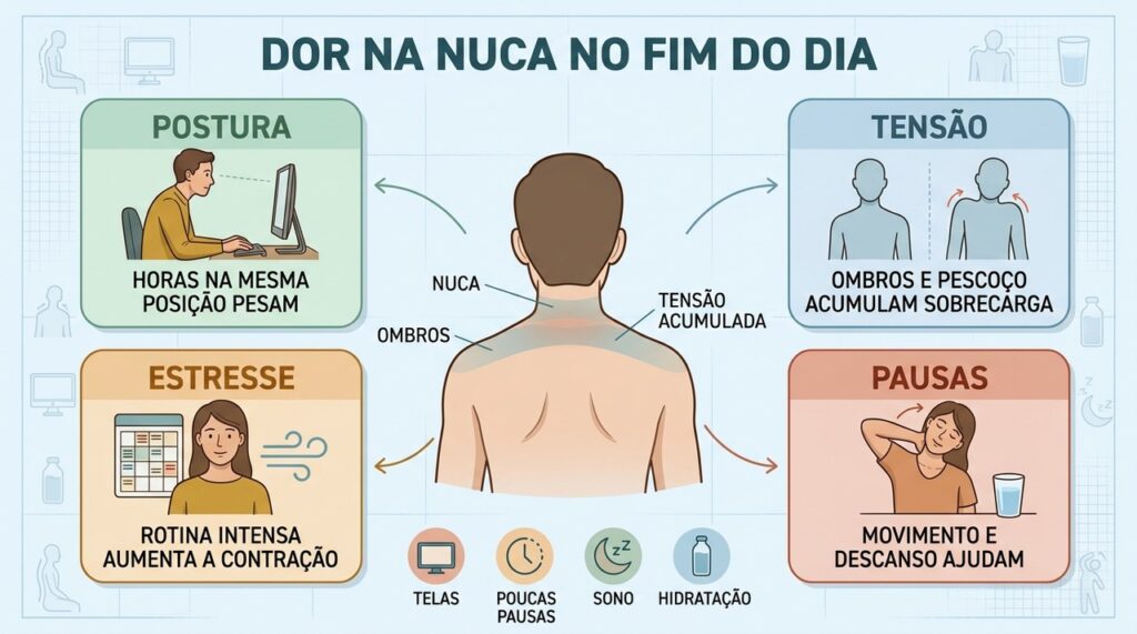 Postura, tensão, estresse e poucas pausas ajudam a explicar a dor na nuca.