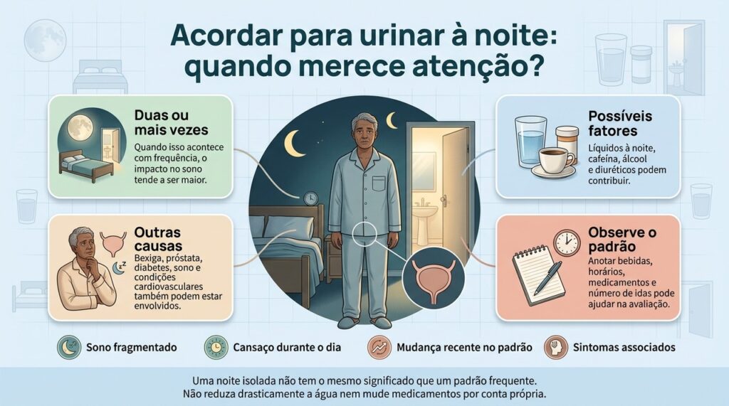 A frequência das idas ao banheiro, o impacto no sono e os sintomas associados ajudam a orientar quando buscar avaliação.
