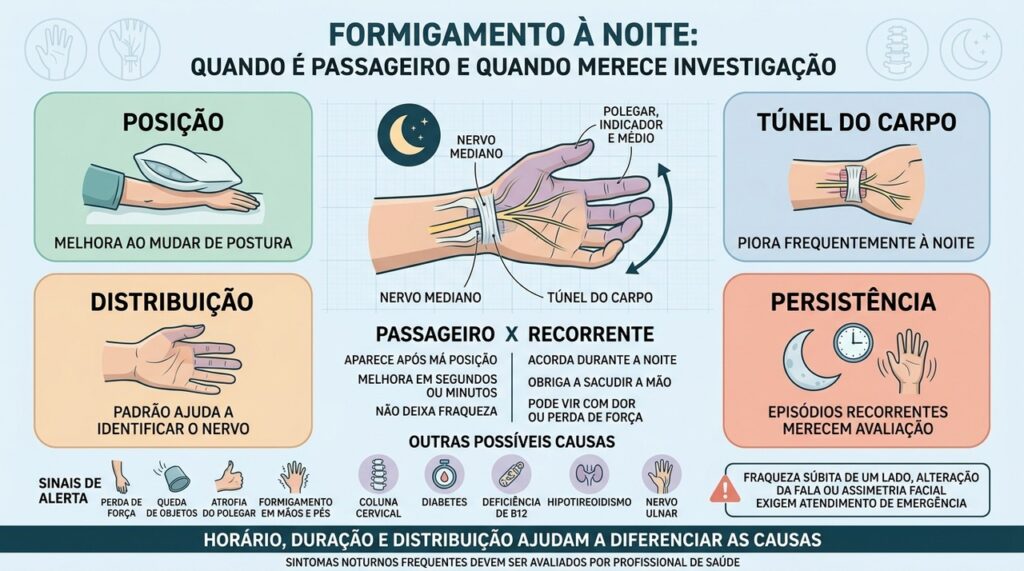 Posição, distribuição, duração e recorrência ajudam a diferenciar formigamento benigno de neuropatia.