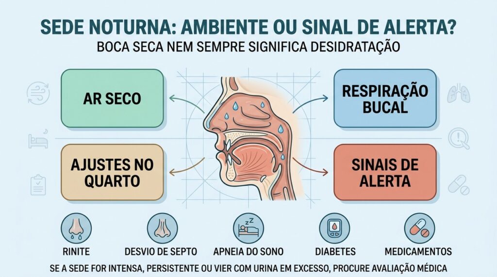 O infográfico diferencia causas ambientais da sede noturna e sinais que exigem investigação.
