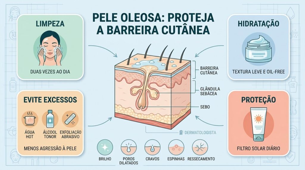 Limpeza suave, hidratação, menos agressão e proteção solar ajudam a preservar a barreira cutânea.