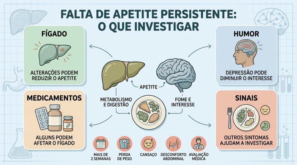 Fígado, humor, medicamentos e sinais associados ajudam a investigar a falta de apetite.