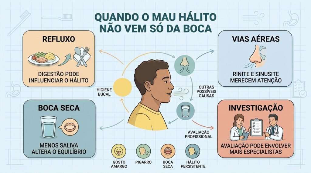 Refluxo, vias aéreas, boca seca e avaliação profissional ajudam a investigar halitose persistente.