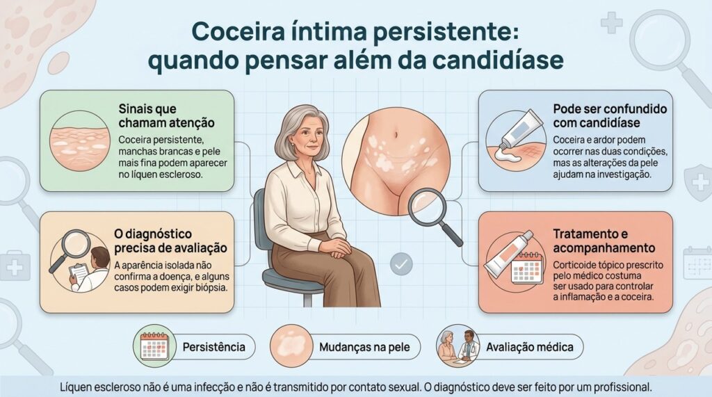 Coceira persistente com alterações esbranquiçadas da pele pode ter várias causas, e o líquen escleroso é uma delas.