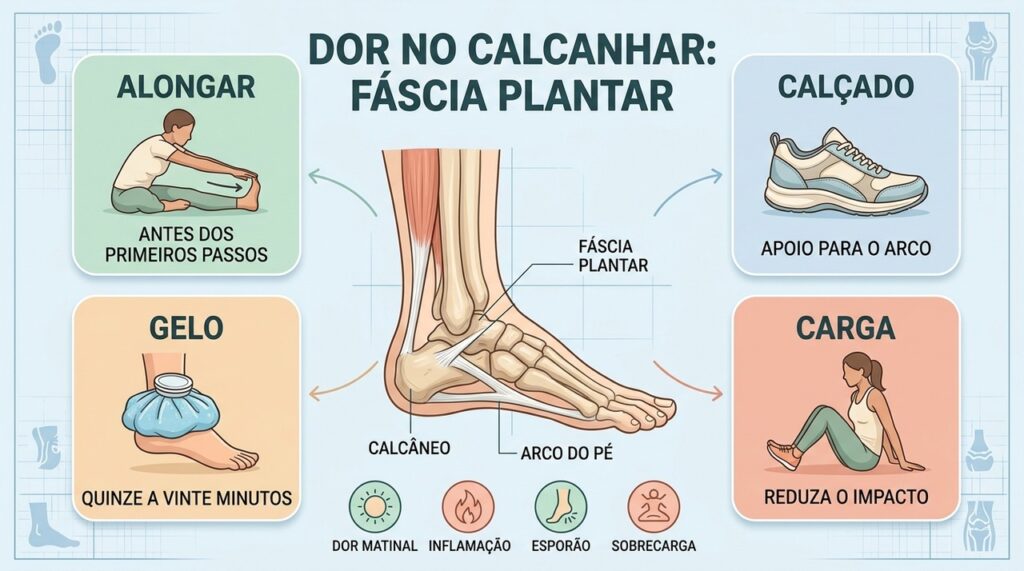 Alongamento, calçado adequado, gelo e controle da carga ajudam no cuidado da fáscia plantar.