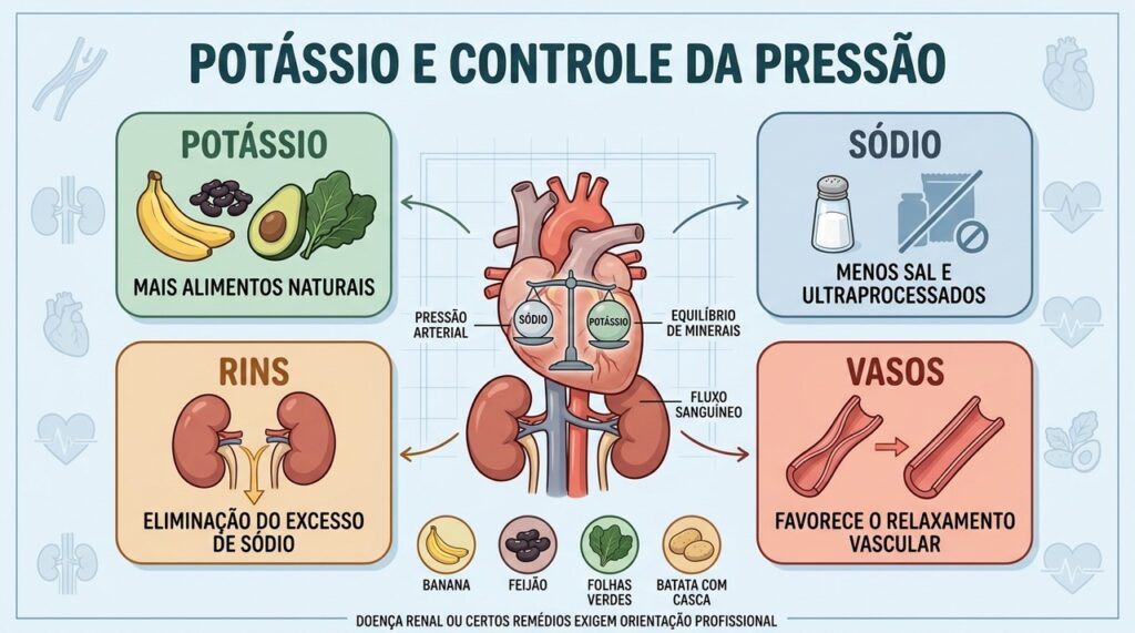 Potássio, menos sódio, rins e vasos formam uma estratégia integrada contra hipertensão.