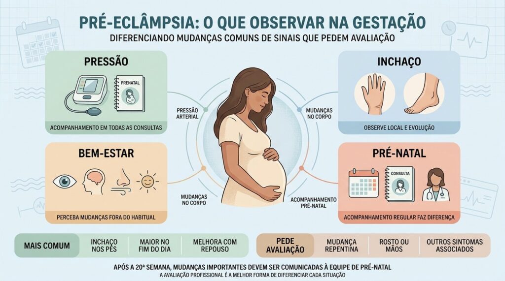 Pressão, inchaço, bem-estar e pré-natal ajudam a orientar a observação na gestação.
