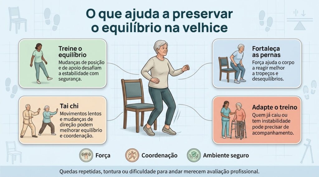 Equilíbrio, força e coordenação trabalham juntos para reduzir o risco de quedas e manter a independência.