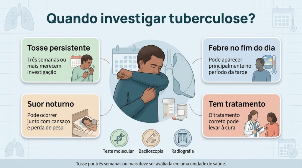Tosse prolongada acompanhada de febre, suor noturno ou emagrecimento merece avaliação para tuberculose.