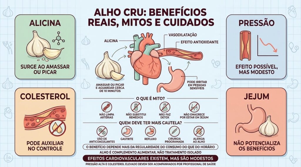 Alicina, pressão, colesterol e tolerância digestiva resumem o que o alho realmente pode oferecer.