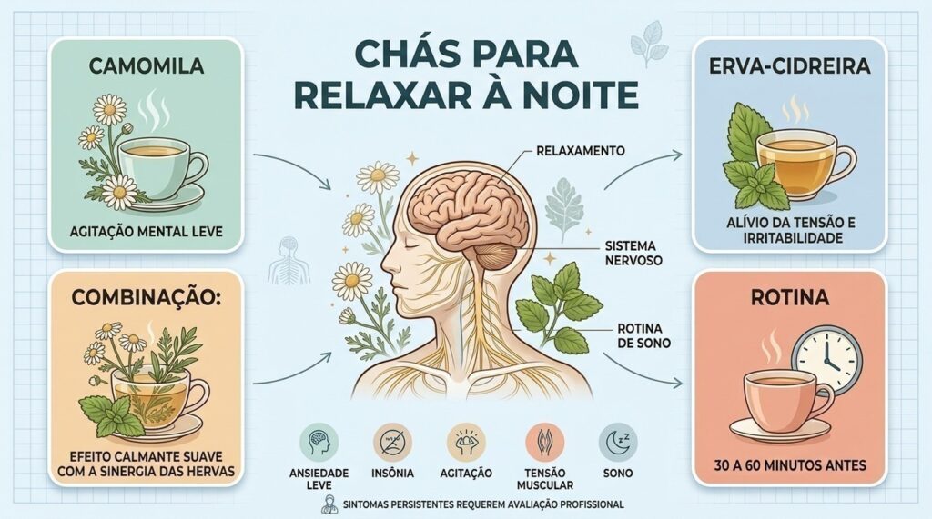 Camomila, erva-cidreira, horário e rotina influenciam o uso noturno dessas infusões.