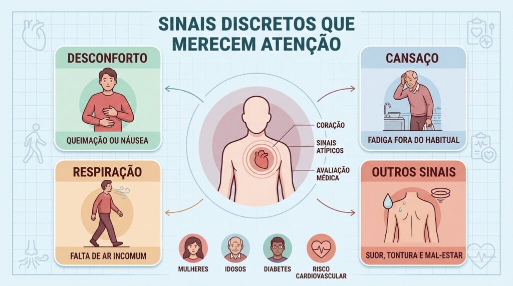 Desconforto, fadiga, falta de ar e mal-estar podem ser sinais cardiovasculares discretos.