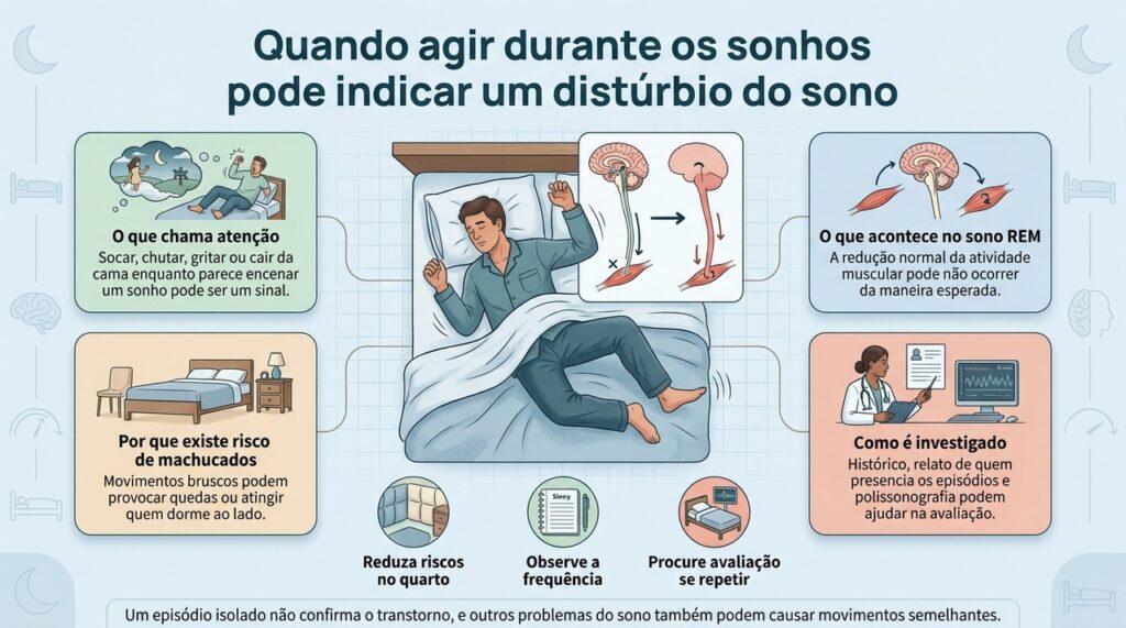 Episódios repetidos de socos, chutes, gritos ou quedas durante sonhos podem justificar avaliação de um distúrbio do sono REM.