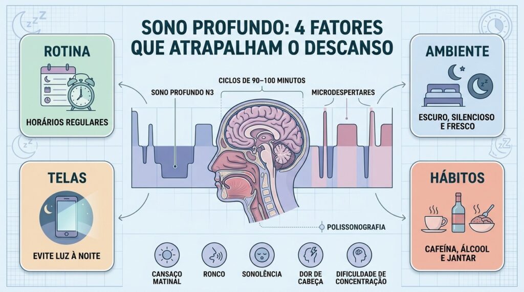 Rotina, ambiente, telas e hábitos noturnos influenciam a continuidade do sono profundo.