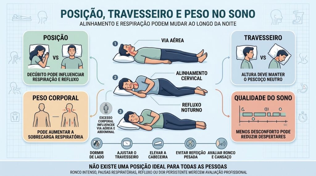 Posição, travesseiro e peso corporal influenciam alinhamento, respiração e refluxo noturno.