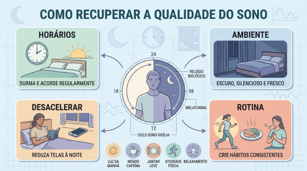 Horários regulares, ambiente adequado e hábitos noturnos ajudam a reorganizar o sono.