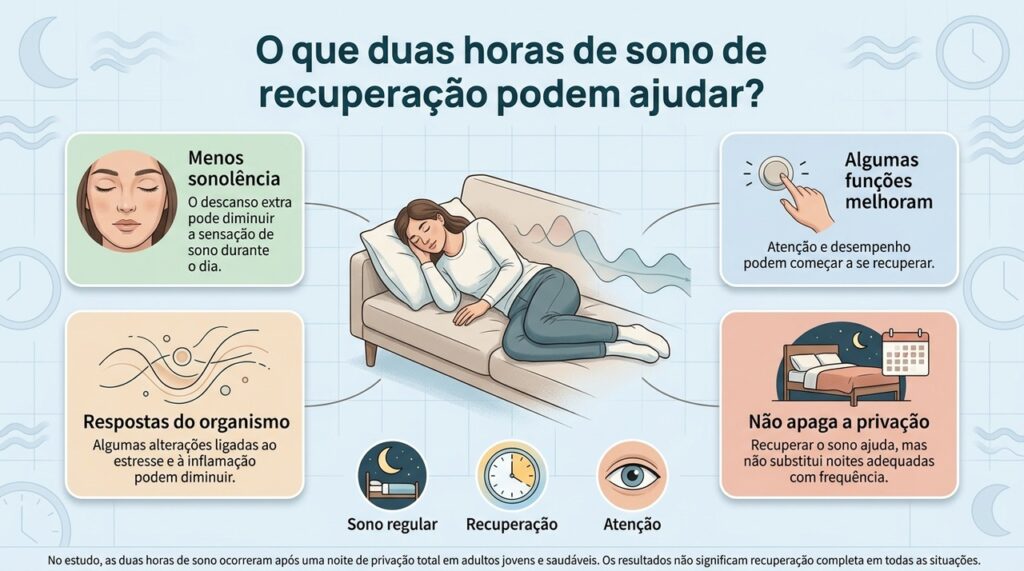 Duas horas de sono de recuperação reduziram a sonolência e melhoraram algumas respostas após privação total de sono, sem significar recuperação completa.