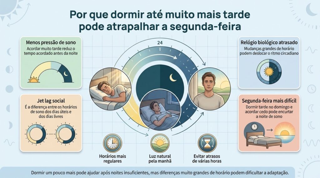 Grandes mudanças entre os horários da semana e do fim de semana podem atrasar o sono e dificultar o despertar na segunda-feira.