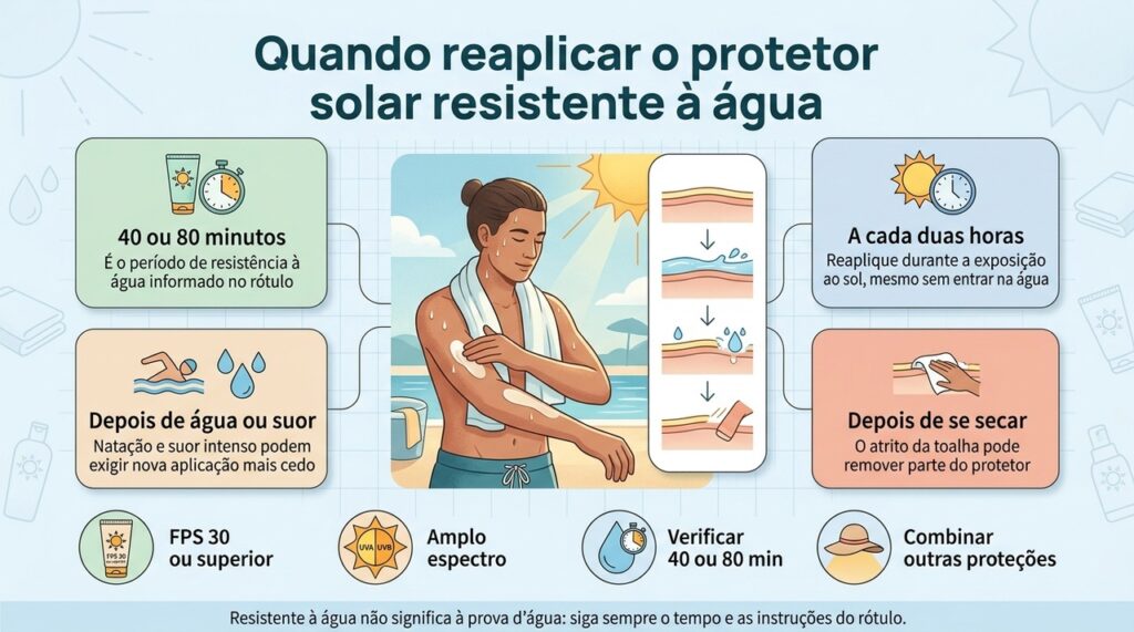 A proteção diminui com o tempo, a água, o suor e a toalha, por isso a reaplicação continua sendo necessária.