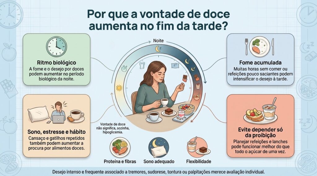 O desejo por doces pode aumentar ao longo do dia sem ter uma única causa, e restrição rígida nem sempre resolve o problema.