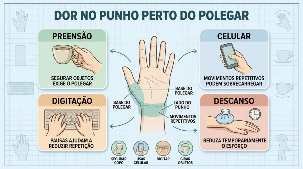 Preensão, celular, digitação e descanso ajudam a entender a sobrecarga próxima ao polegar.