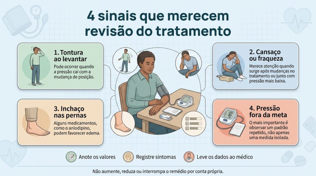 Tontura, cansaço, inchaço e pressão repetidamente fora da meta devem ser avaliados antes de qualquer ajuste no remédio.