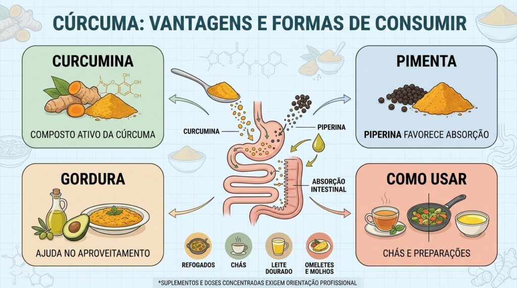 Curcumina, pimenta e gordura saudável influenciam o aproveitamento culinário da cúrcuma.