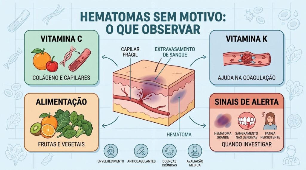 Vitaminas C e K participam da integridade vascular e da coagulação sanguínea.