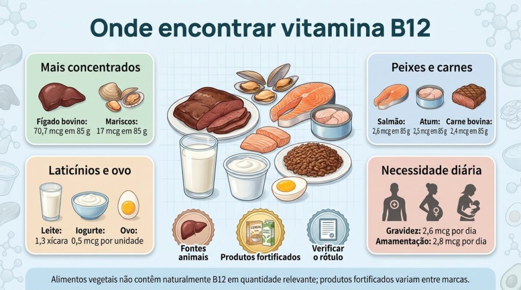 As fontes de vitamina B12 variam bastante em concentração, e diferentes alimentos podem contribuir para atingir a recomendação diária.