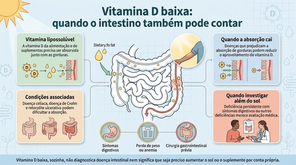 Alterações intestinais que prejudicam a absorção de gorduras também podem contribuir para níveis baixos de vitamina D.