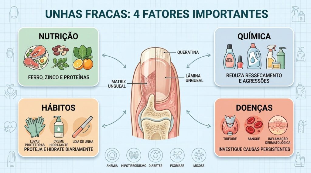 Nutrição, proteção, hidratação e investigação clínica ajudam a entender unhas persistentemente quebradiças.