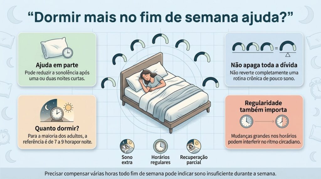 Dormir mais no fim de semana pode ajudar na recuperação, mas a regularidade e o tempo adequado de sono continuam sendo importantes.