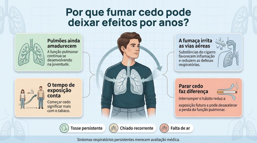 Fumar na juventude aumenta o tempo de exposição ao tabaco, enquanto parar cedo ajuda a reduzir o risco acumulado.