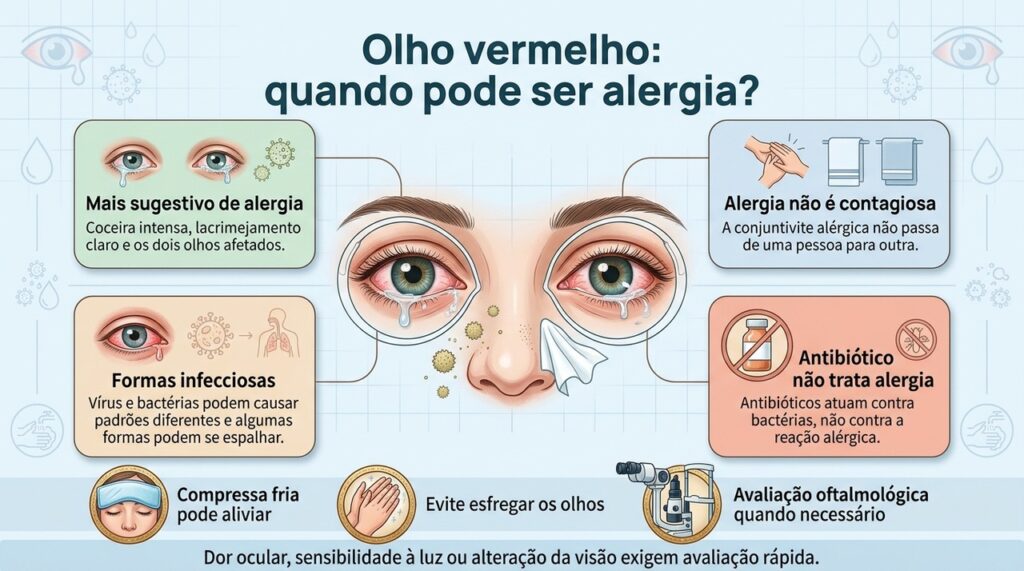 Coceira bilateral e lágrimas claras favorecem a suspeita de alergia, mas o diagnóstico depende da avaliação do conjunto dos sintomas.