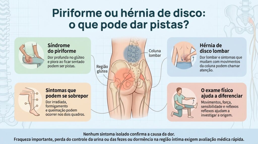 Infográfico compara síndrome do piriforme e ciática relacionada à hérnia de disco, destacando a região glútea e a coluna lombar como possíveis origens da dor, além de mostrar diferenças como piora ao sentar, relação com movimentos da coluna, sintomas que podem se sobrepor e o papel do exame físico.