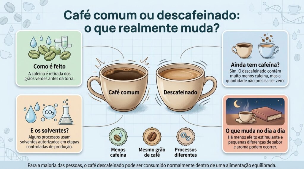 O descafeinado mantém muitos componentes do café, mas passa por um processo que reduz bastante o teor de cafeína.