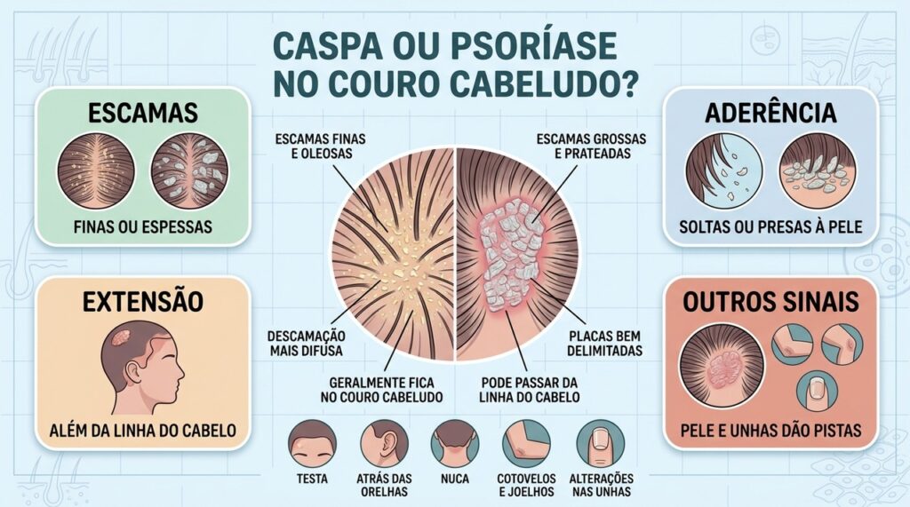 Escamas, aderência, extensão e lesões associadas ajudam a diferenciar psoríase e caspa.